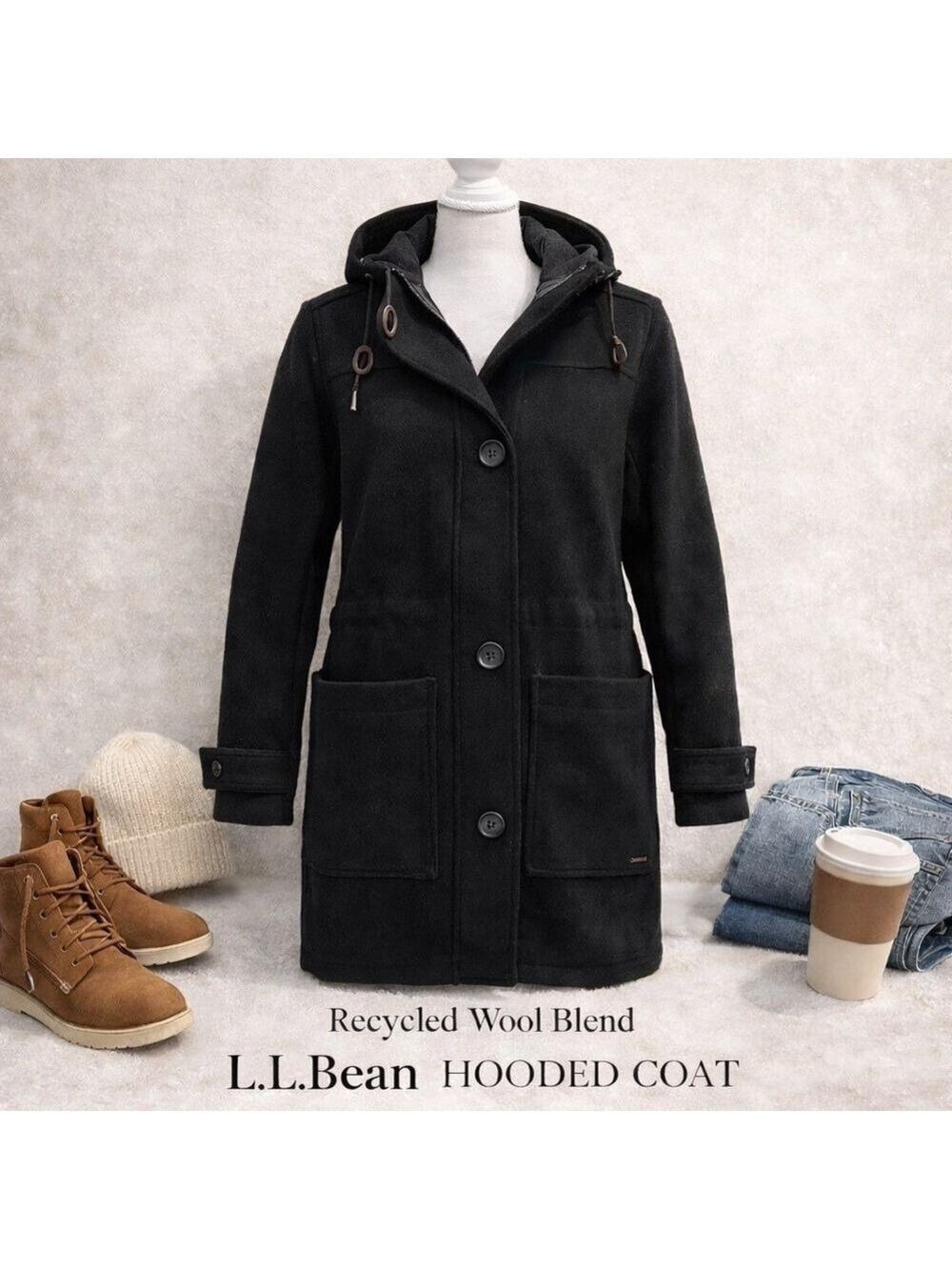 NWT L.L.Bean Coat Black Recycled Wool Button Front Hooded Size Small